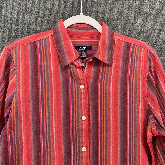 Chaps Blouse Top Womens M Pink Striped Linen Cotton Button Up Lagenlook Coastal - Picture 2 of 9